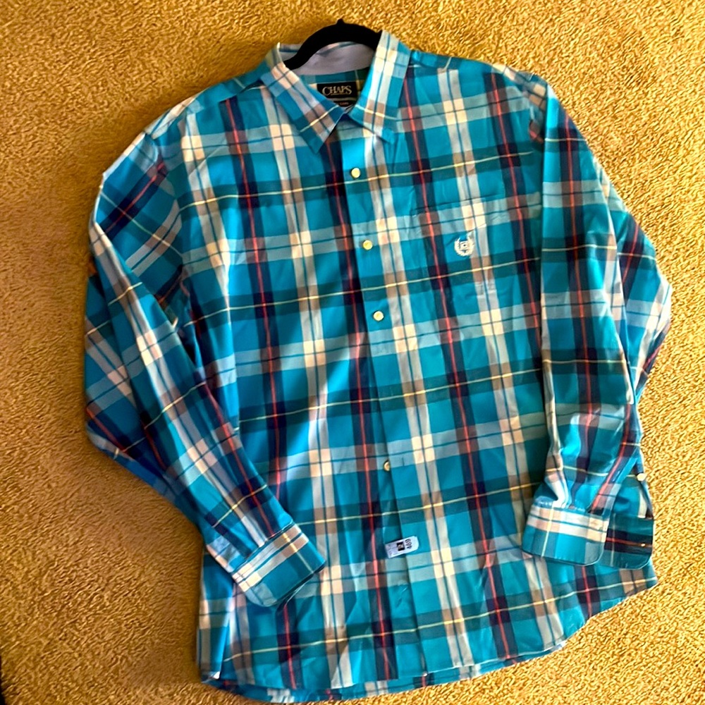 CHAPS XL aqua plaid button down shirt